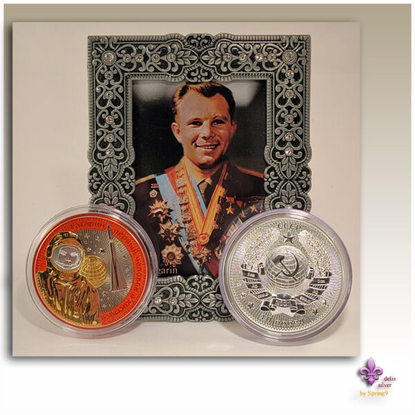 Picture frame with Gagarin and two coins