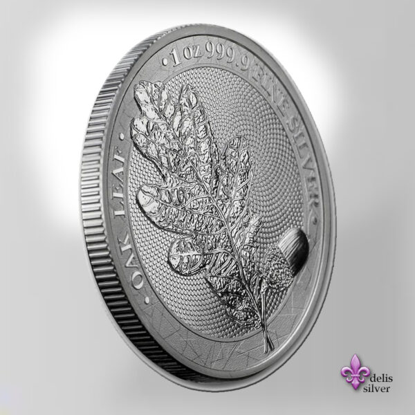 Oak leaf image in perspective view on a coin