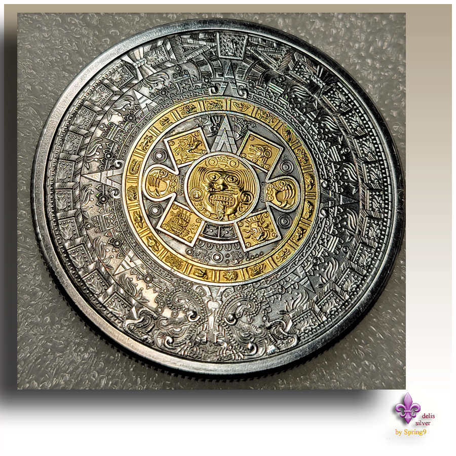 Aztec Mayan Calendar silver 1 oz round Gilded/Antiqued BU in a custom