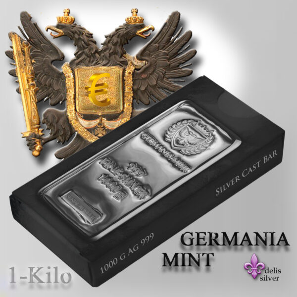 kilo bar of Germania Mint silver packaged