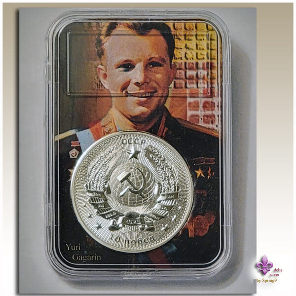 Gagarin slab and reverse of silver coin