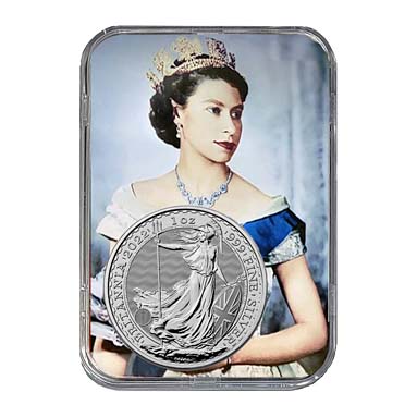 Queen Elizabeth in blue dress and a silver coin