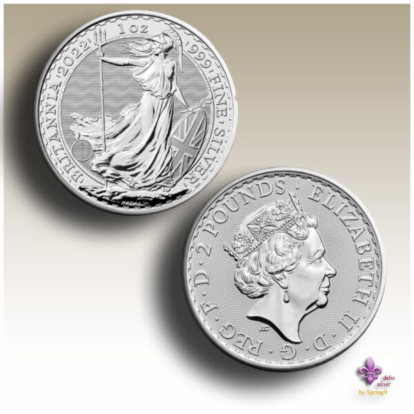 front and back of a silver coin with Britannia and Queen Elisabeth