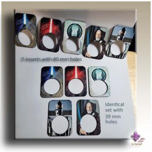 five cardboard pieces with holes star wars