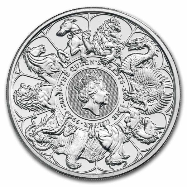 a silver coin with a design on it