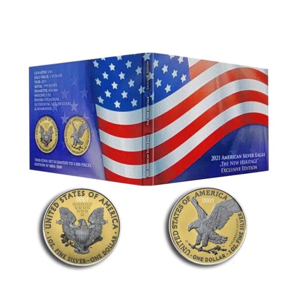 American flag with two gilded silver eagle coins