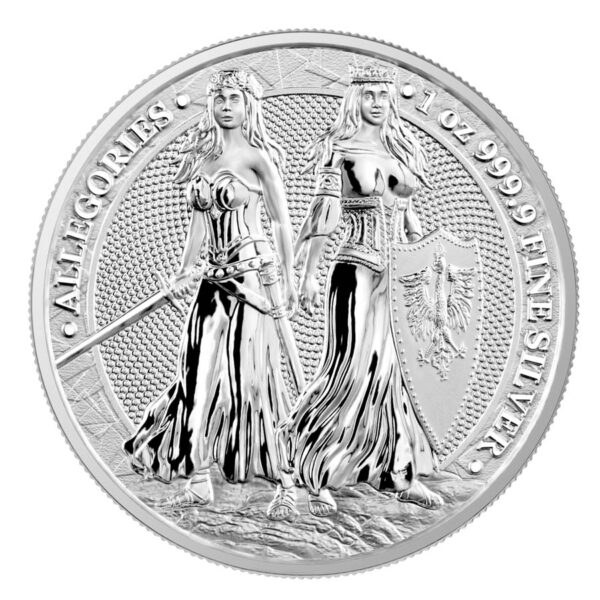 Polonia and Germania figures on a silver coin