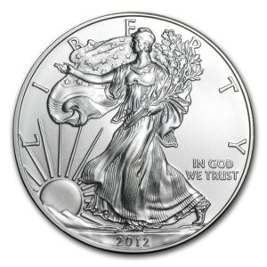 2012 American Silver Eagle a silver coin with a woman holding a flag