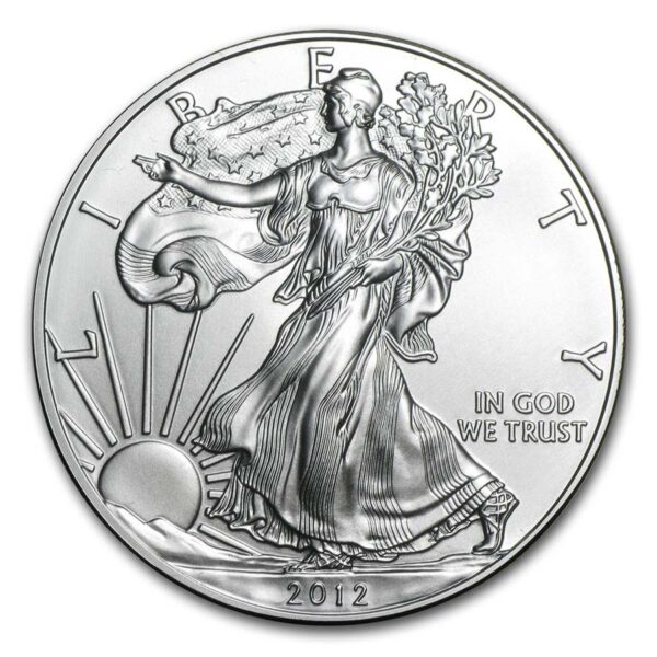 a silver coin with a woman holding a flag