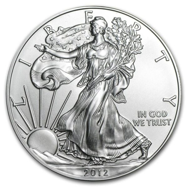 a silver coin with a woman holding a flag