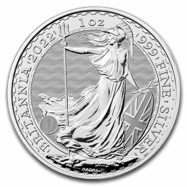 a silver coin with a woman holding a staff