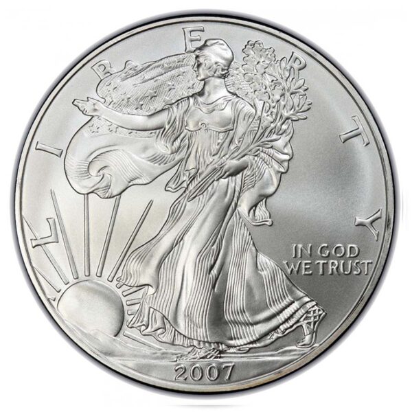 a silver coin with a woman holding a large bag