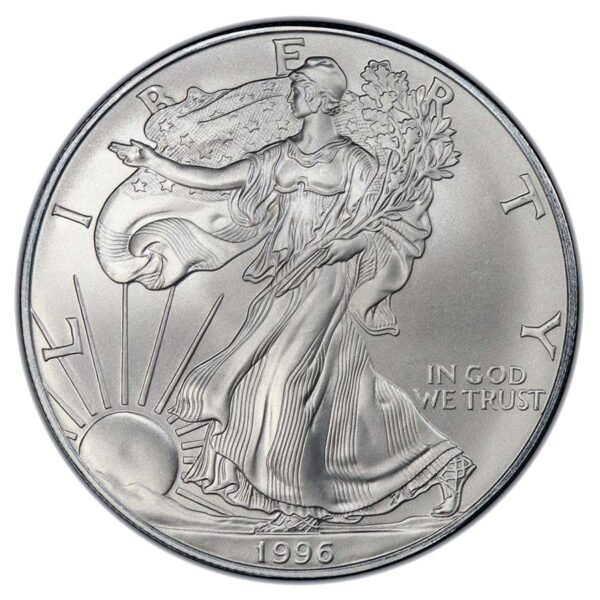 a silver coin with a woman holding a large bouquet of wheat