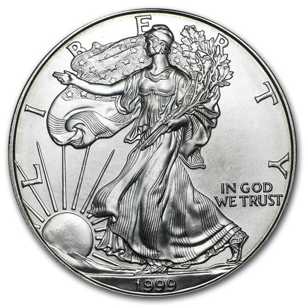 a silver coin with a woman holding a bag