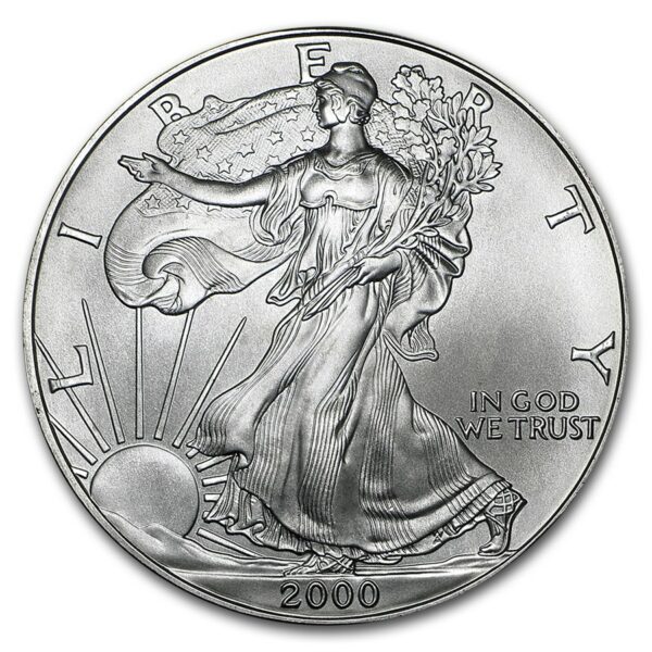 a silver coin with a woman holding a sack of money