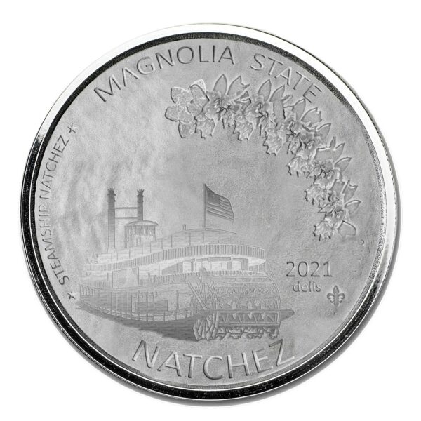 a silver coin with a picture of a boat and a flag