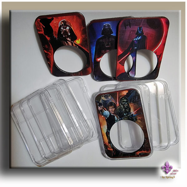 a group of plastic containers with images of characters