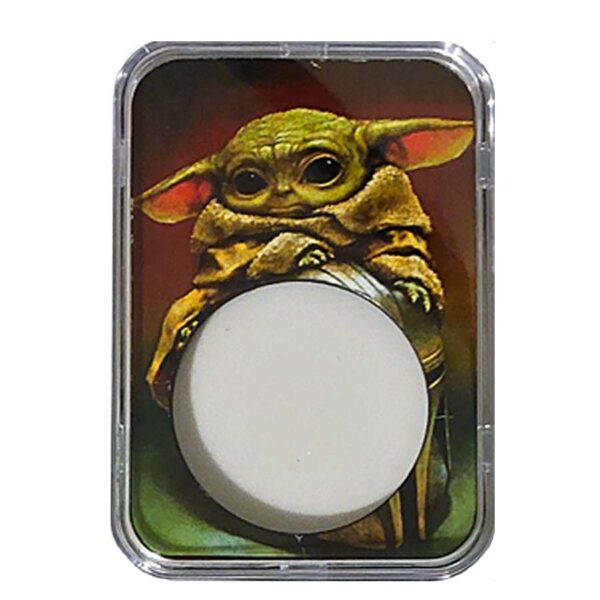 a small plastic container with a picture of a baby yoda