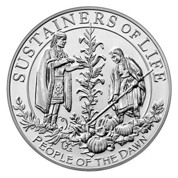 a silver coin with a picture of people and plants