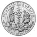 a silver coin with a picture of people and plants