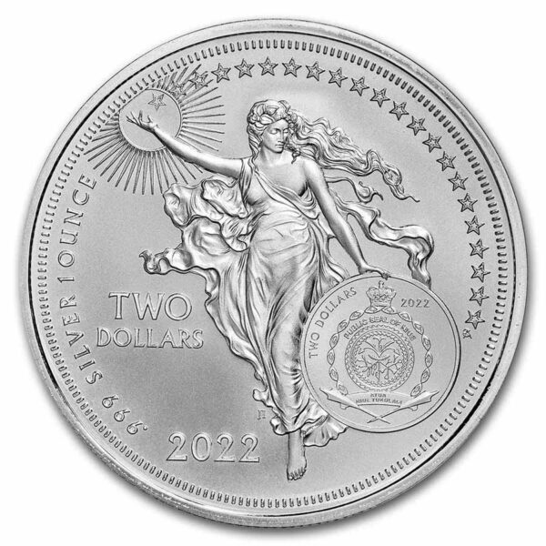 a silver coin with a woman holding a round object