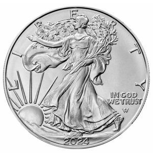 2024 American Silver Eagle a silver coin with a woman in a long dress