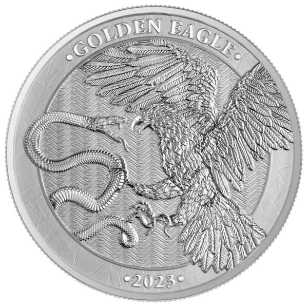 a silver coin with a picture of a bird and a snake