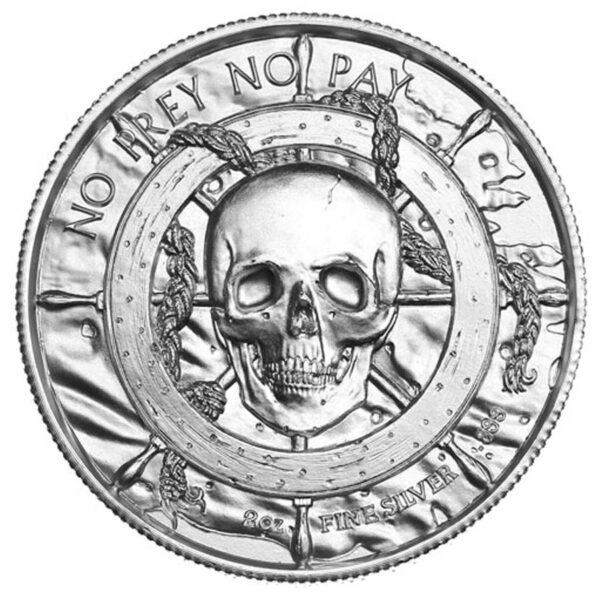 a silver coin with a skull on it