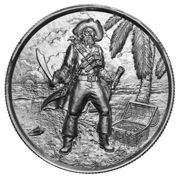 a silver coin with a pirate holding a sword and a chest