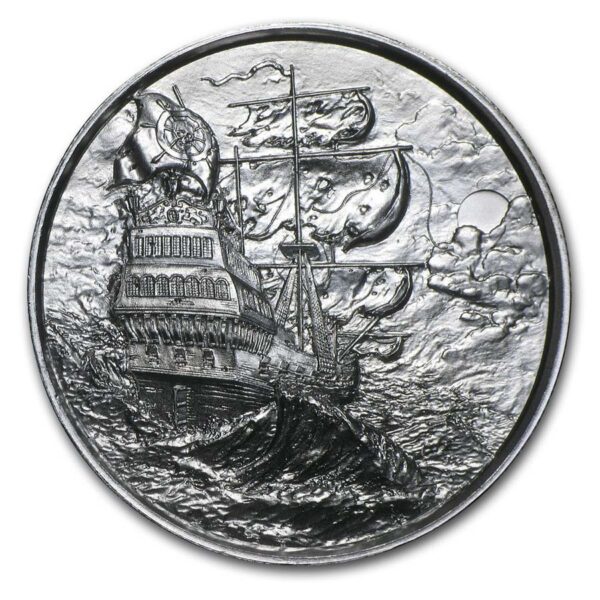 a silver coin with a ship on it