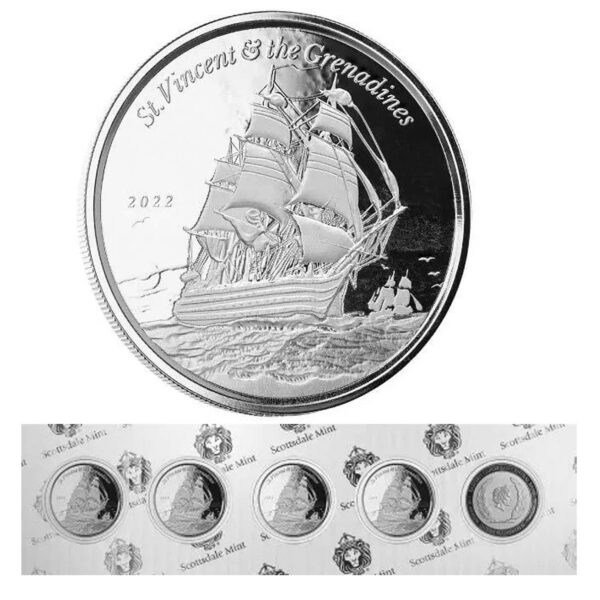 tall ship and a series of coins